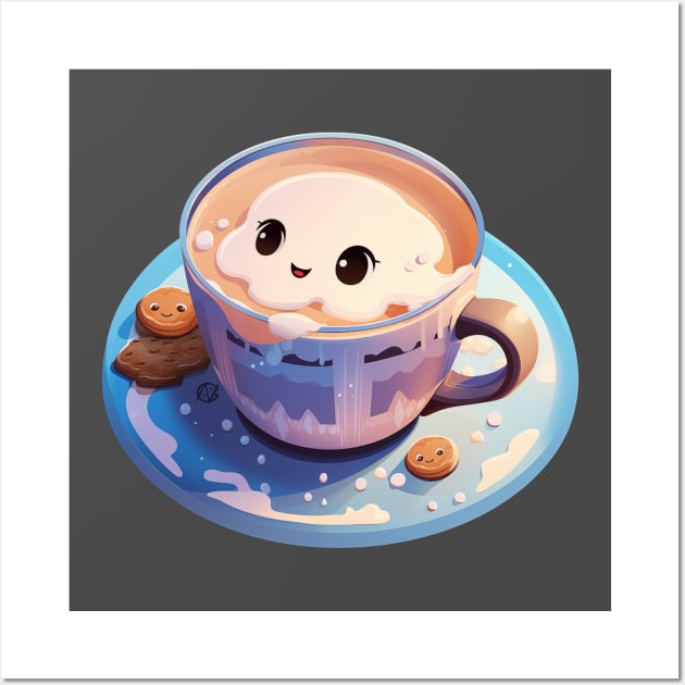 Cute Kawaii cup of cappucino with biscuits Wall Art by Violet77 Studio